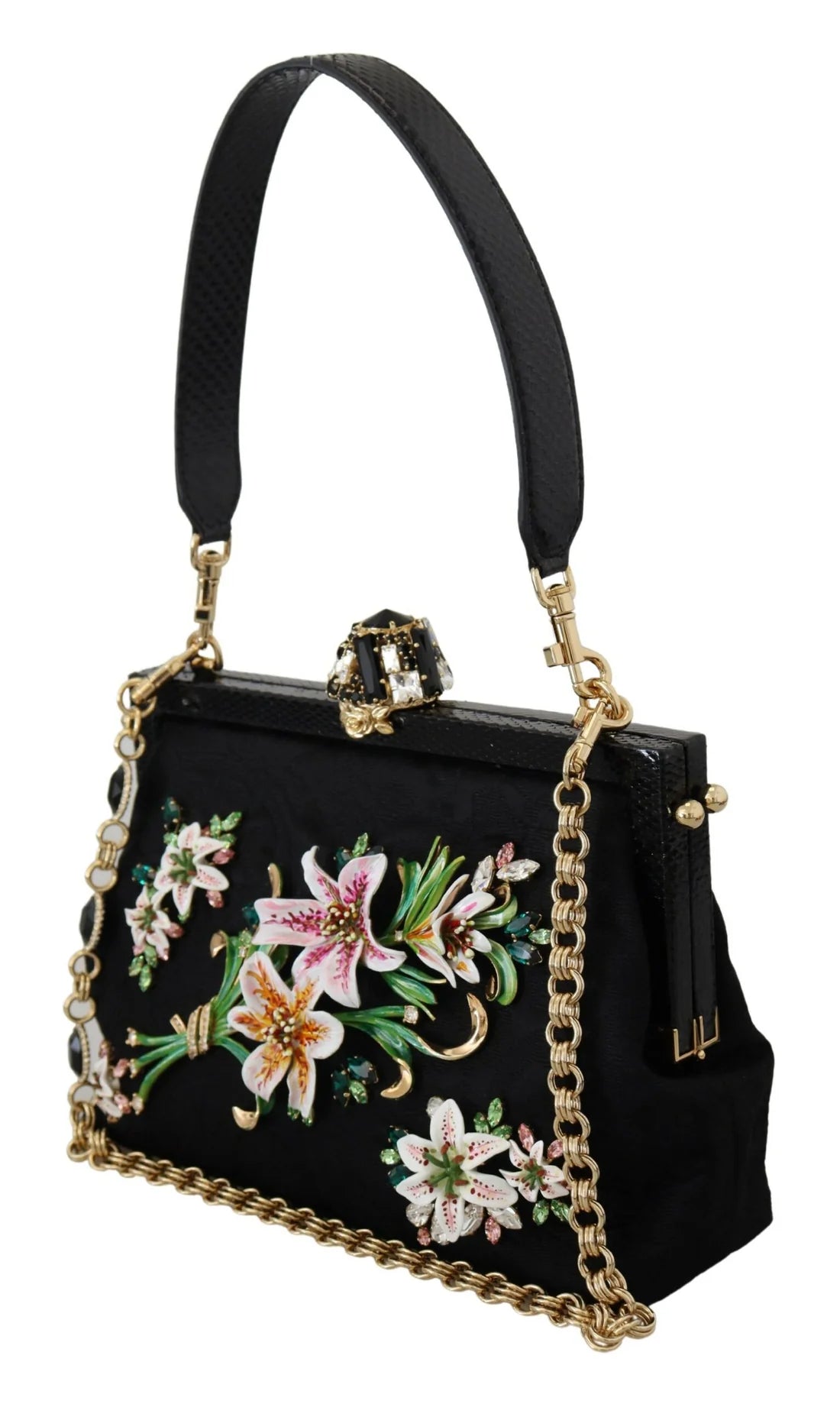 Elegance Redefined: Dolce & Gabbana's Black Floral Crystal Shoulder VANDA Purse