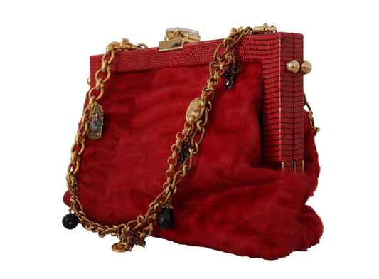 Glamour Redefined: Unveiling the Dolce & Gabbana Crimson Fur Brocade Crystal Shoulder VANDA Handbag