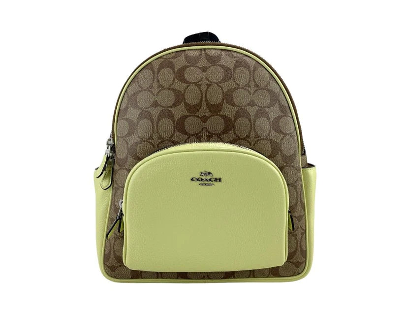 Elevate your style with the COACH (5671) Court Signature Leather Khaki/Pale Lime Medium Backpack.