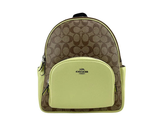 Elevate your style with the COACH (5671) Court Signature Leather Khaki/Pale Lime Medium Backpack.