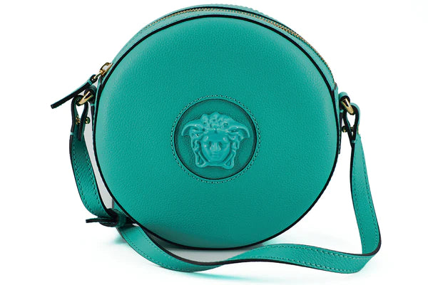 Elevate Your Style with the VERSACE La Medusa Small Round Teal Leather Designer Shoulder Crossbody Bag