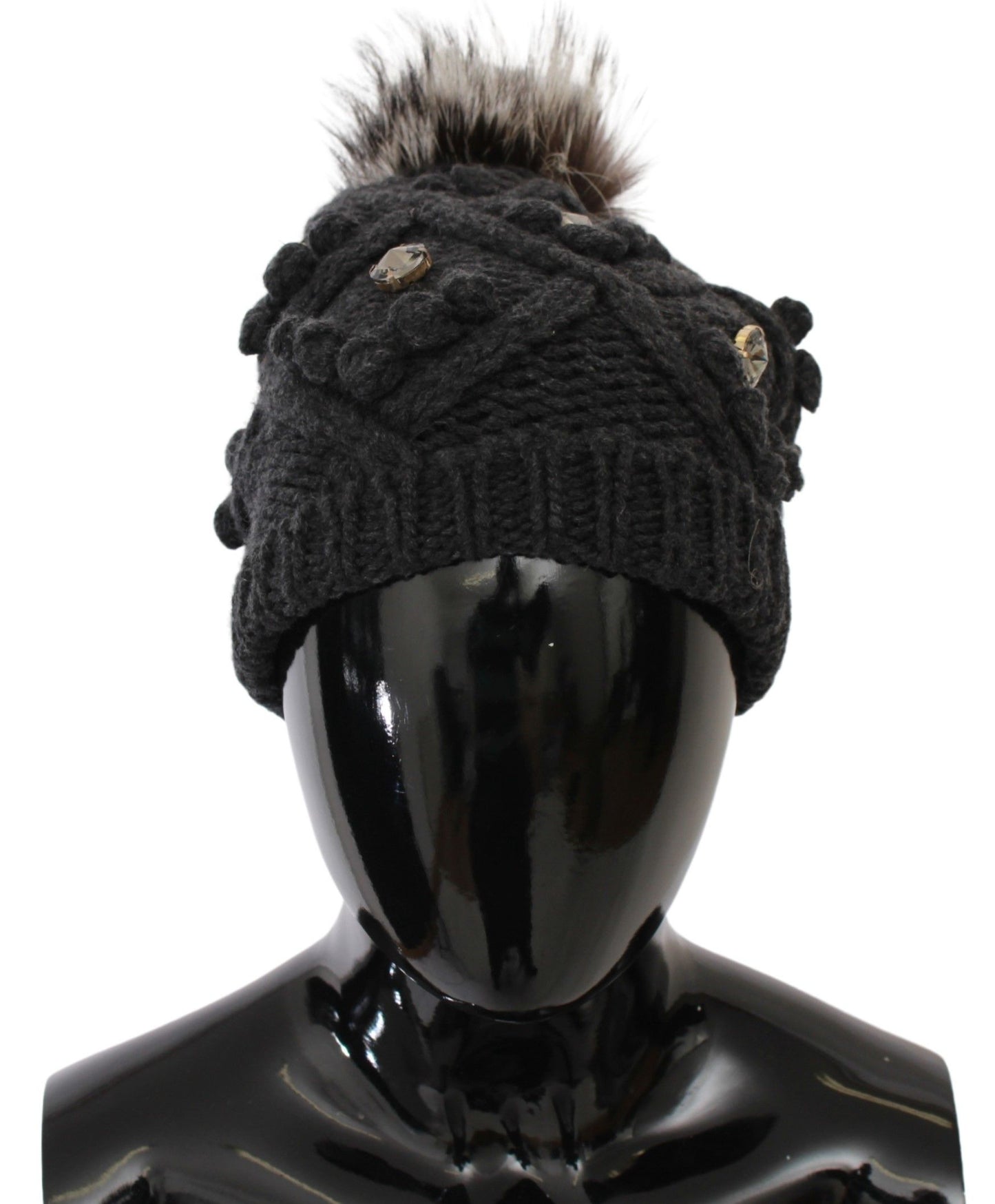 Dolce & Gabbana Elegant Gray Fur Crystal Beanie