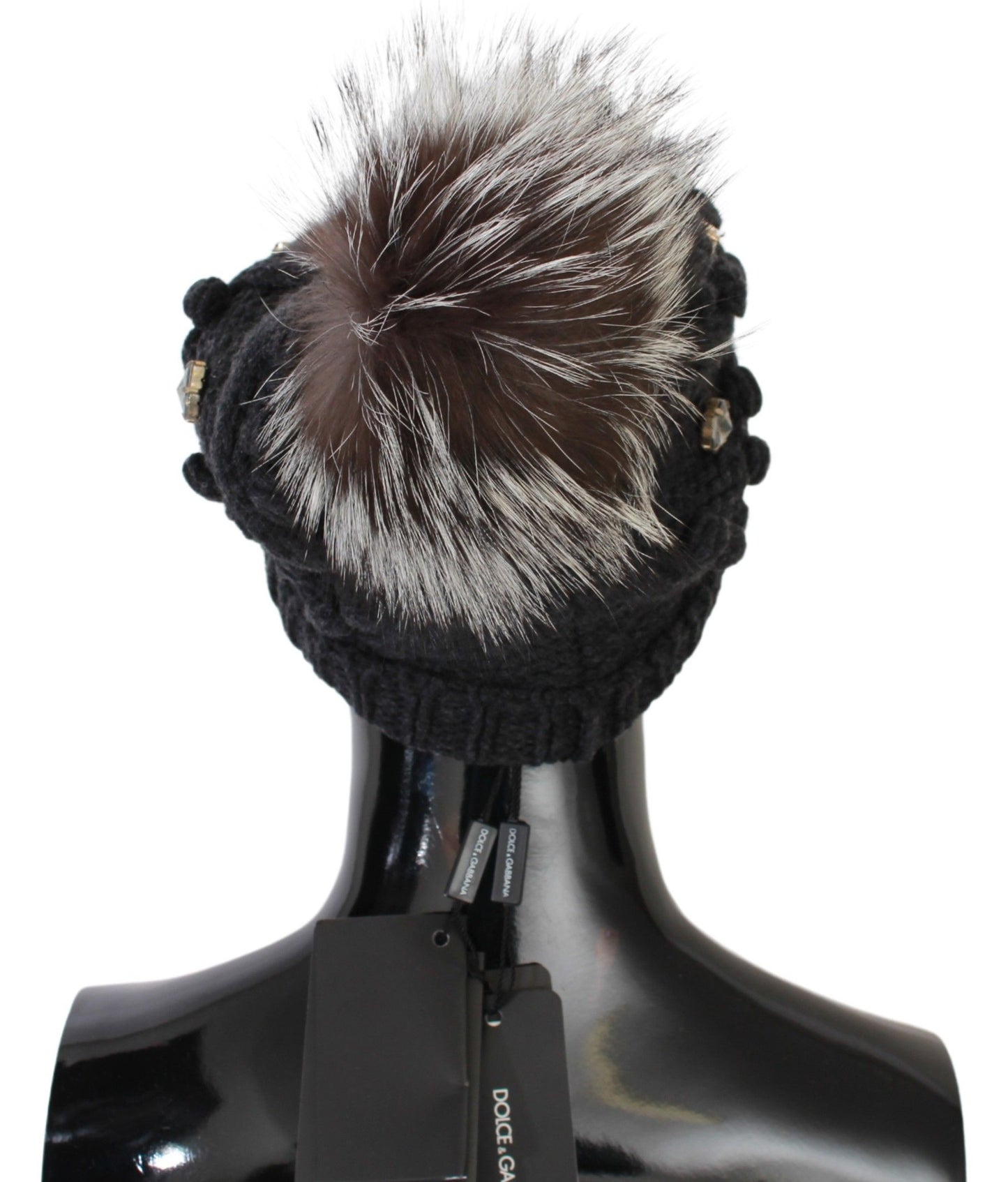 Dolce & Gabbana Elegant Gray Fur Crystal Beanie