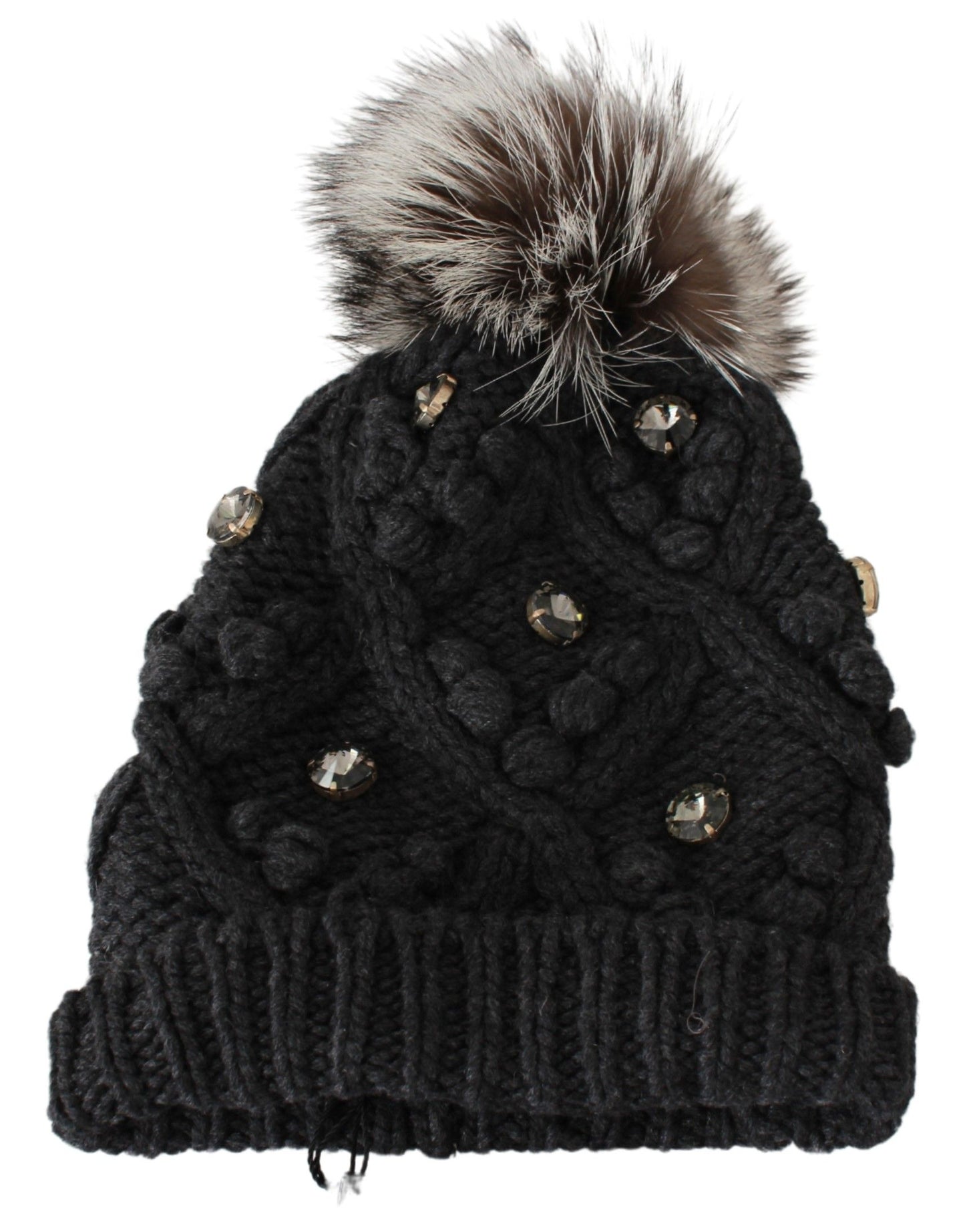 Dolce & Gabbana Elegant Gray Fur Crystal Beanie