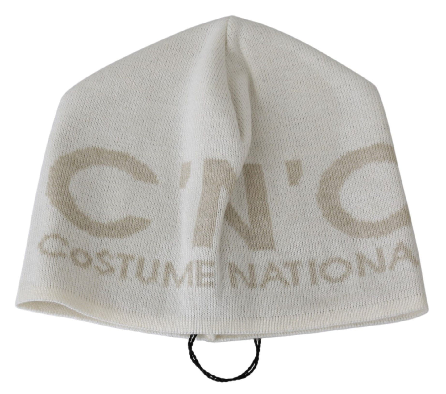 Costume National Chic White Beanie with Beige Brand Detail