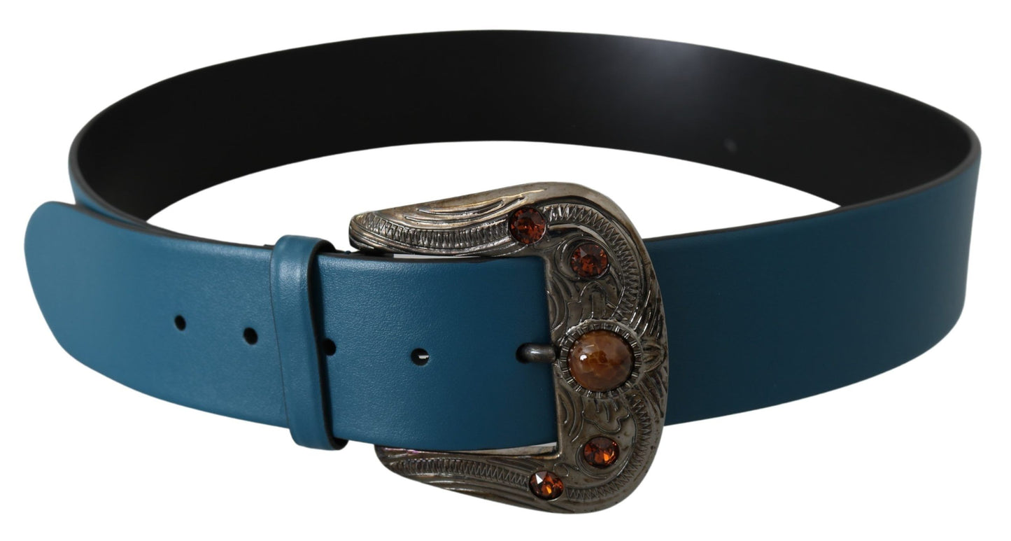 Dolce & Gabbana Elegant Blue Leather Belt with Crystal Buckle