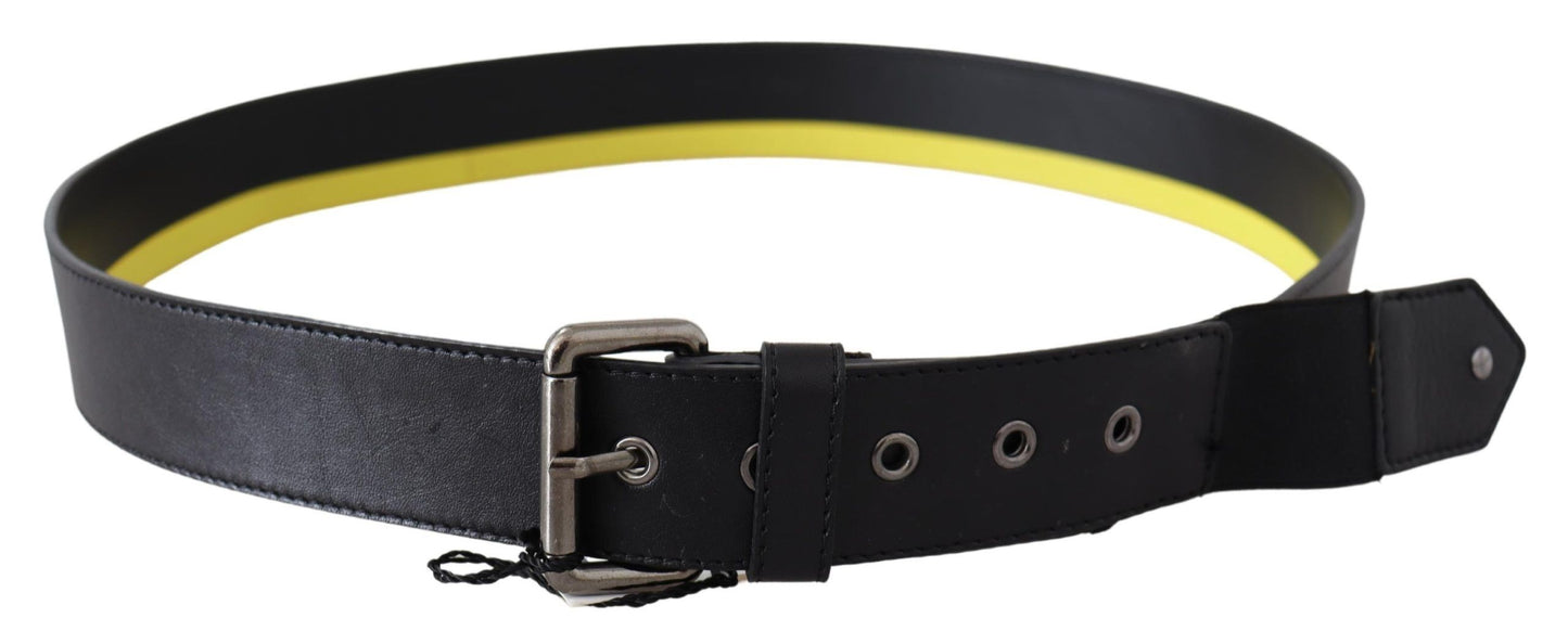 Exte Sleek Black Leather Belt with Yellow Lining