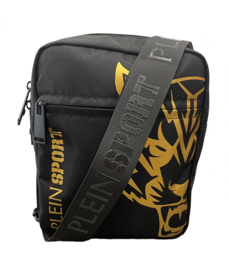 Plein Sport Black Gold-Print Messenger with Tiger Detail