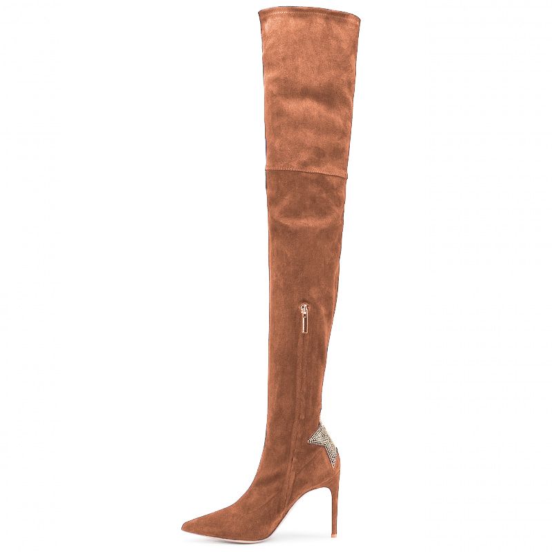 Elisabetta Franchi Rhinestone Embellished Suede Boots in Brown