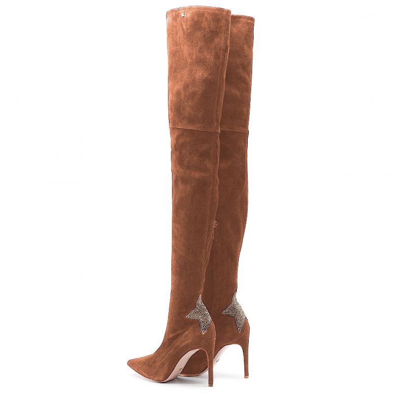 Elisabetta Franchi Rhinestone Embellished Suede Boots in Brown