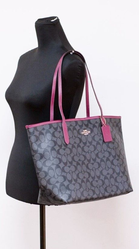 COACH Graphite Black Cherry Coated Canvas City Tote Shoulder Bag Purse