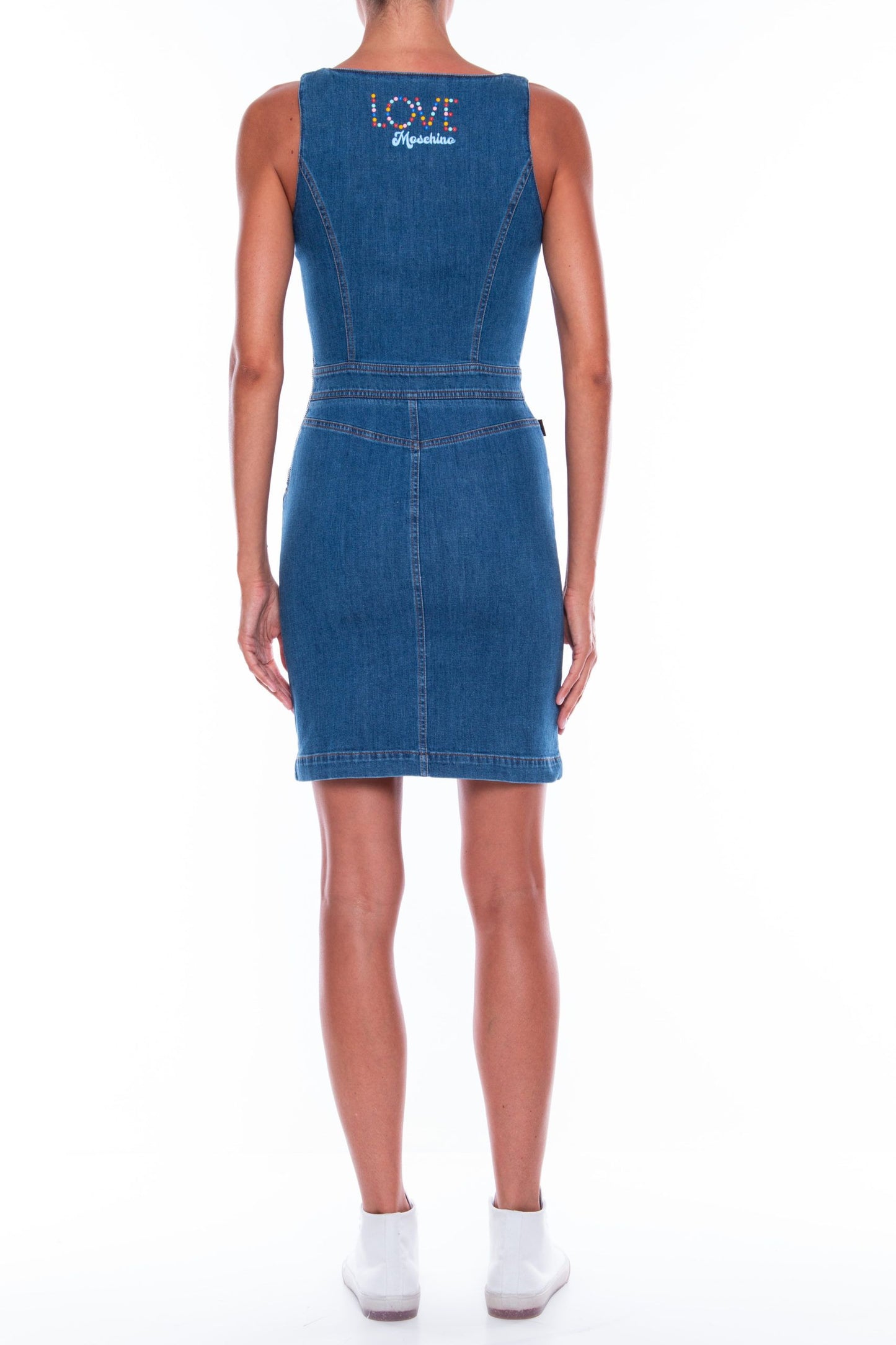 Love Moschino Chic Sleeveless Denim Dress with Colored Buttons