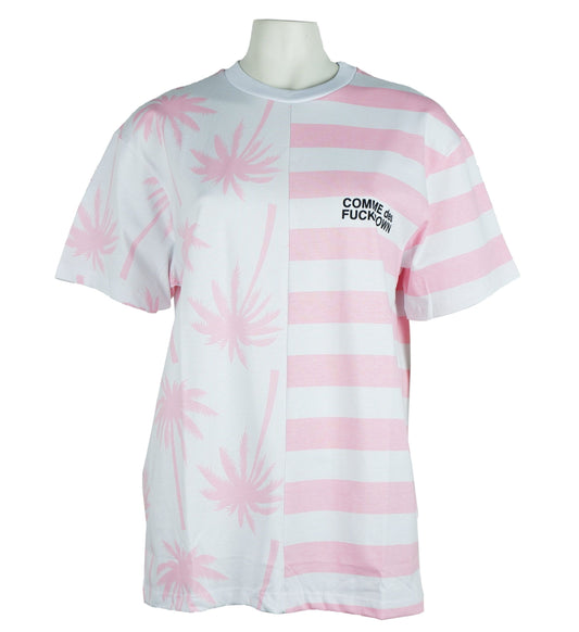 Comme Des Fuckdown Chic Pink Striped Cotton Tee with Palm Motif