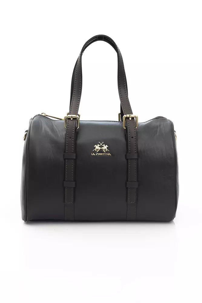 La Martina Black Calf Leather Men Messenger Bag