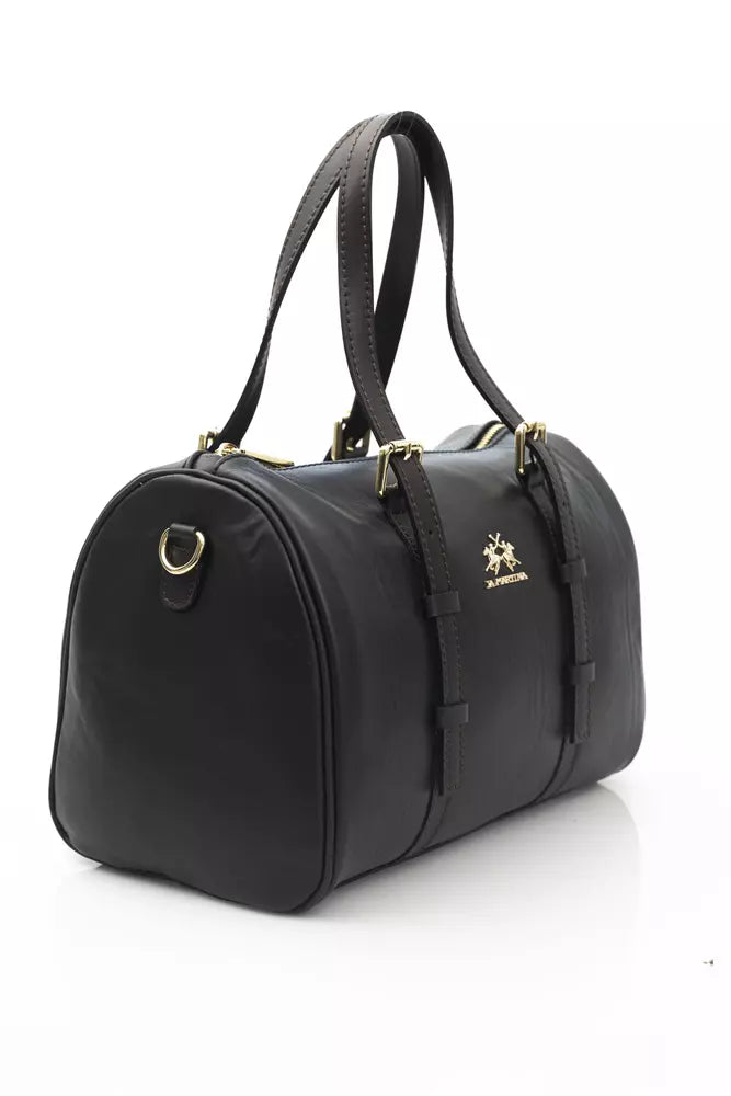 La Martina Black Calf Leather Men Messenger Bag