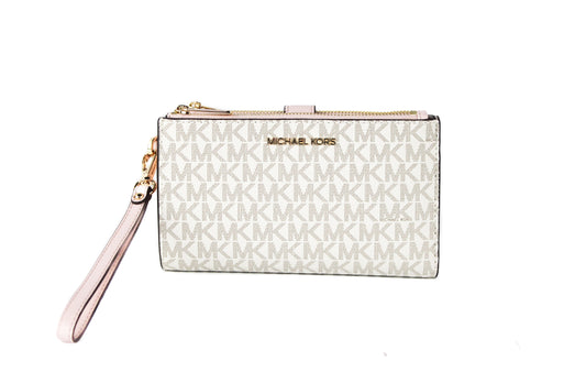 Michael Kors Jet Set Travel Leather Logo Large Double Zip Wristlet Wallet Vanilla Powder Blush