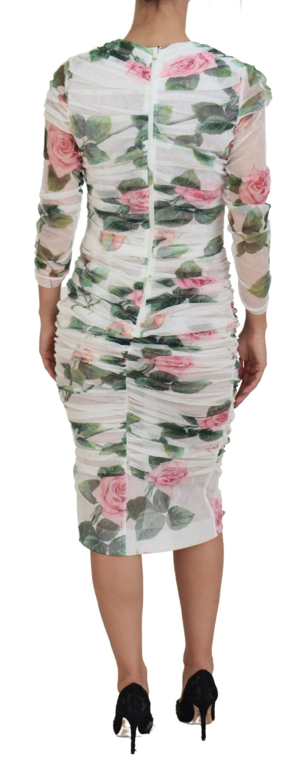 Dolce & Gabbana Elegant White Rose Print Midi Sheath Dress