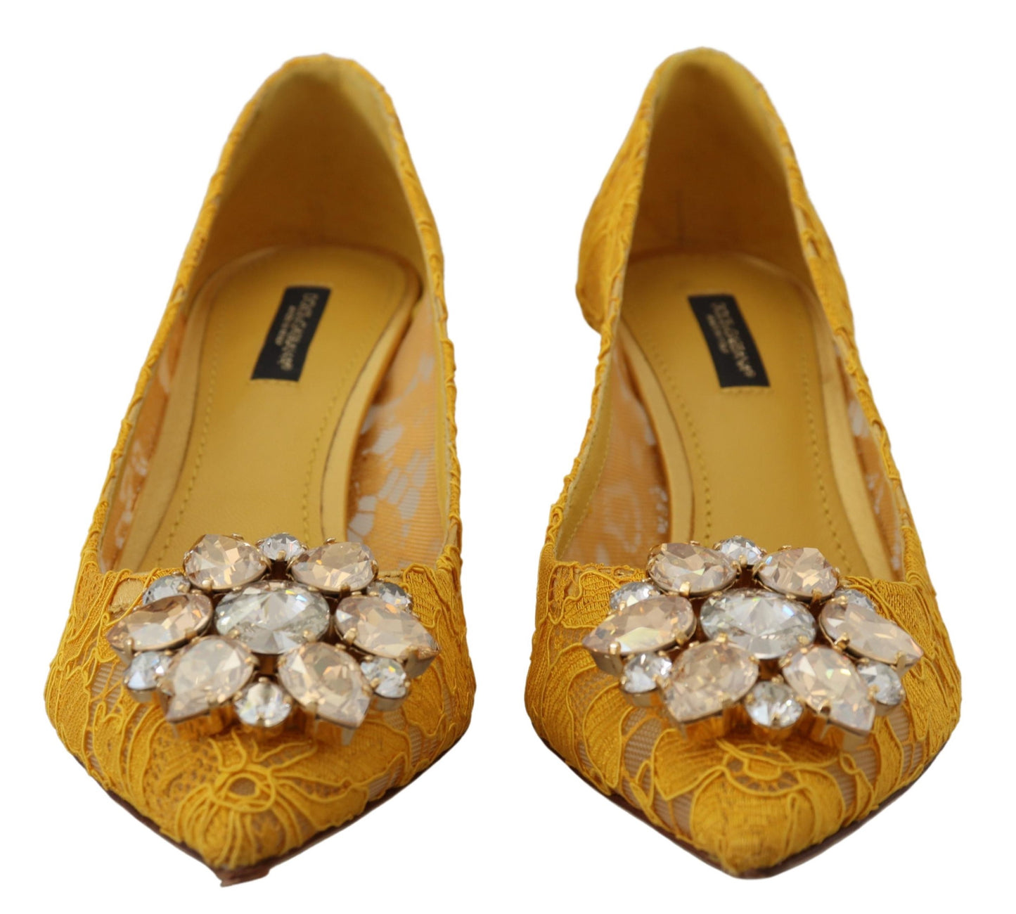 Dolce & Gabbana Yellow Lace Heels with Crystal Embellishment