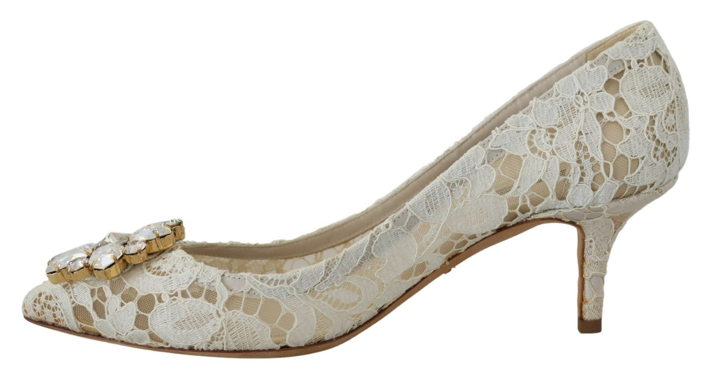 Dolce & Gabbana Elegant White Lace Heels with Crystal Accents