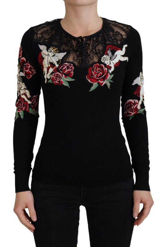 Dolce & Gabbana Angel Embroidered Black Silk-Wool Sweater