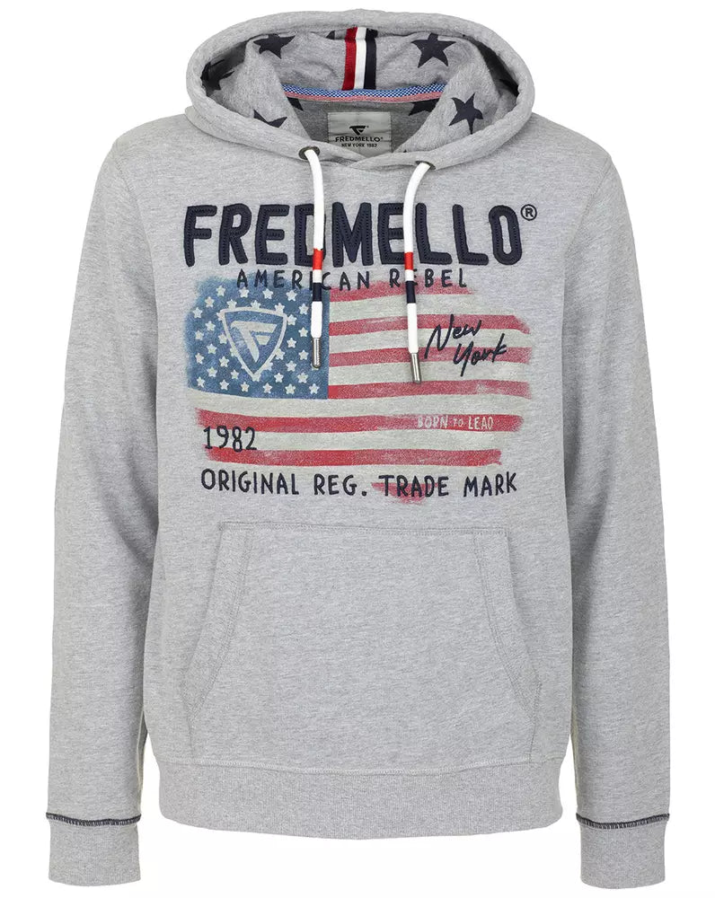 Fred Mello Chic Melange Grey Cotton Hoodie with Chest Embroidery