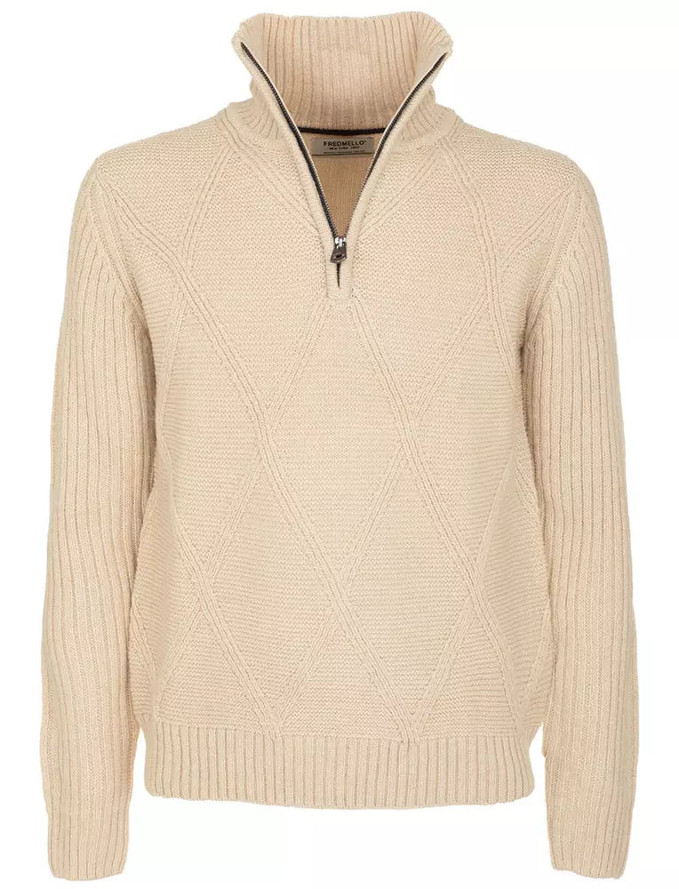 Fred Mello Chic Beige Diamond Embroidered Zip Sweater