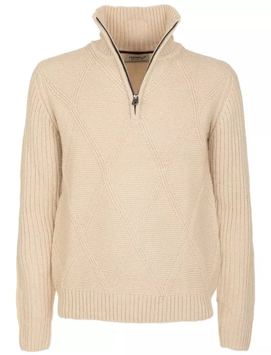 Fred Mello Chic Beige Diamond Embroidered Zip Sweater