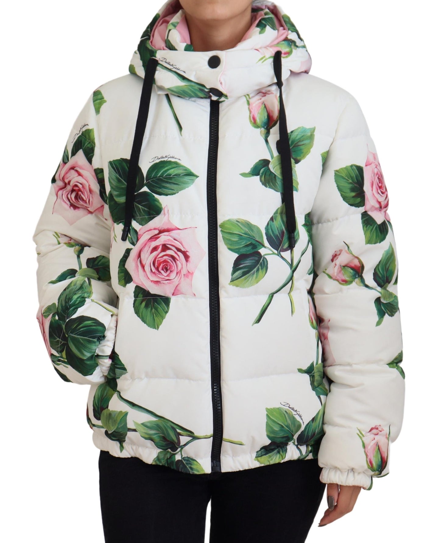 Dolce & Gabbana Elegant White Rose Print Zip Jacket