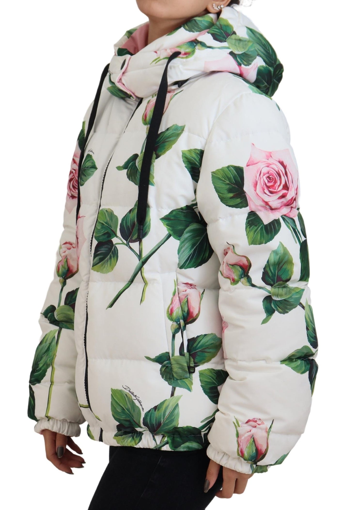 Dolce & Gabbana Elegant White Rose Print Zip Jacket