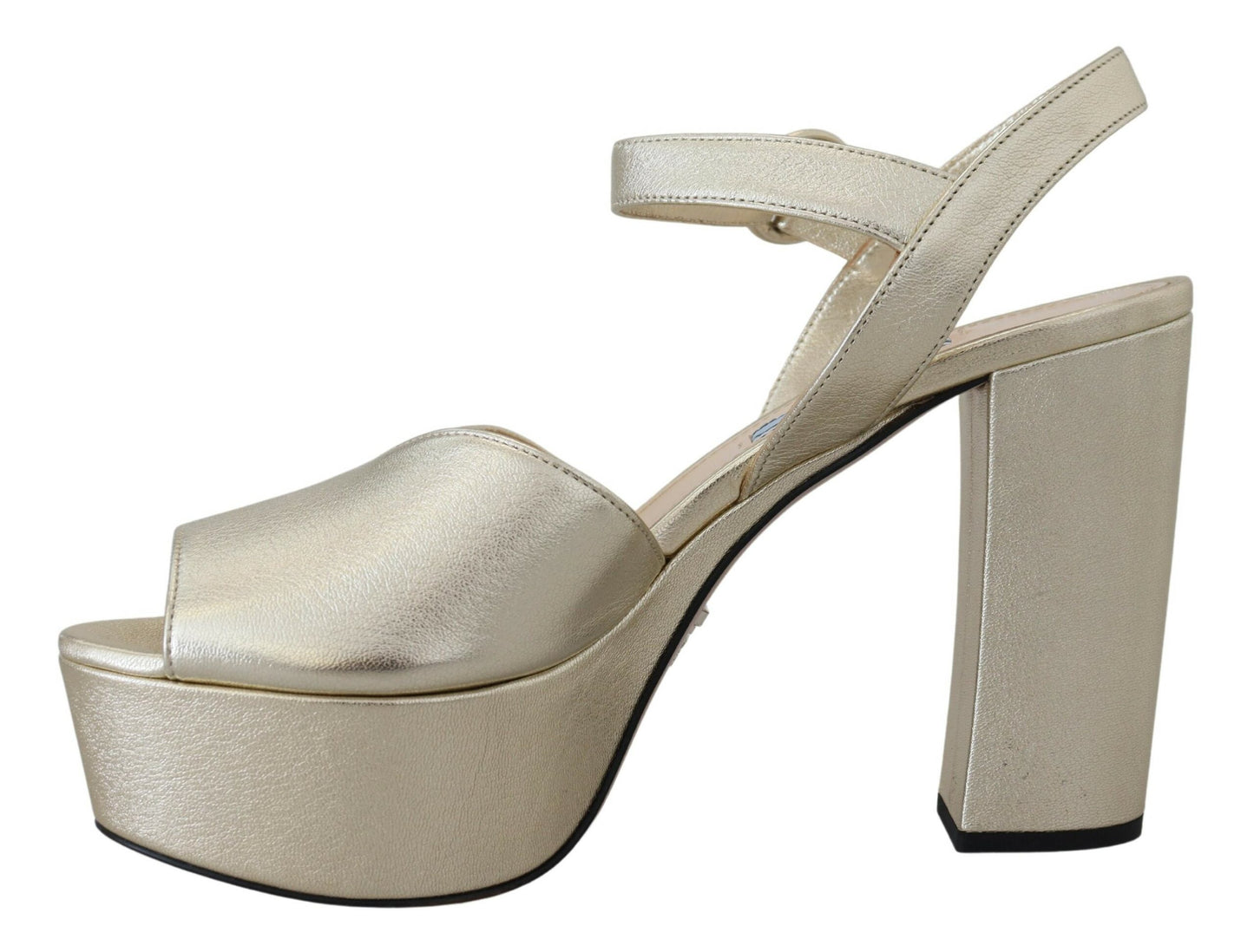 Prada Elegant Gold Leather Block Heel Sandals