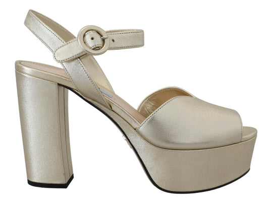 Prada Elegant Gold Leather Block Heel Sandals