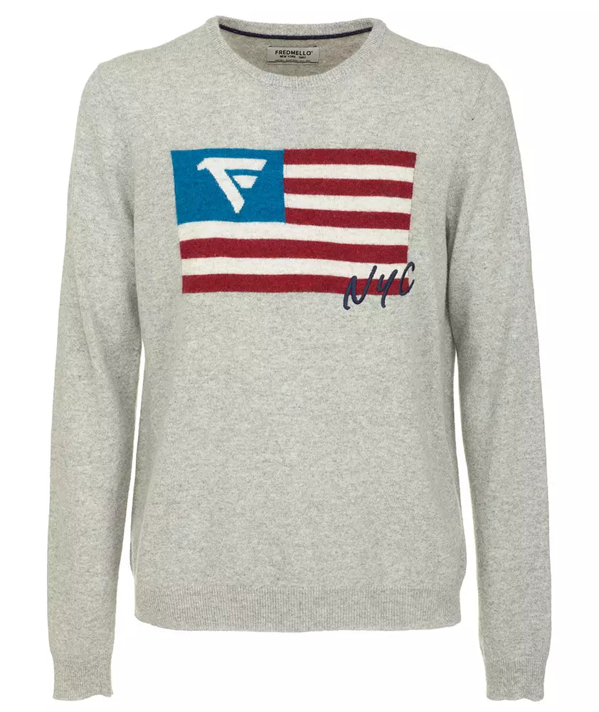 Fred Mello Chic Flag Print Crew Neck Wool Blend Sweater