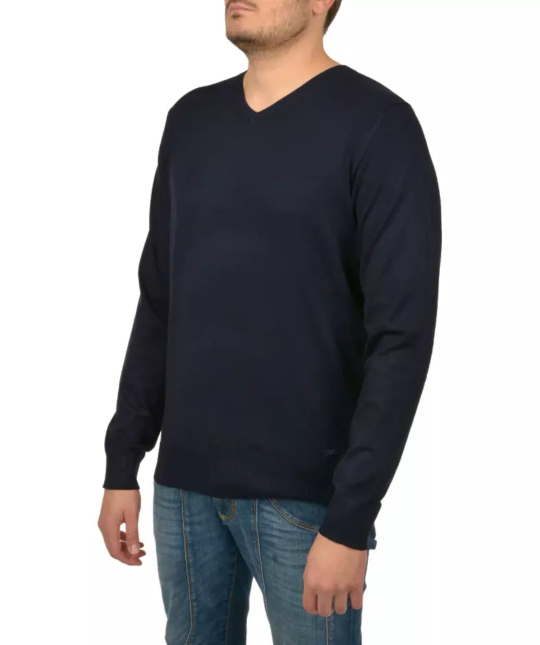 Yes Zee Navy Blue Viscose V-Neck Sweater – Timeless Elegance