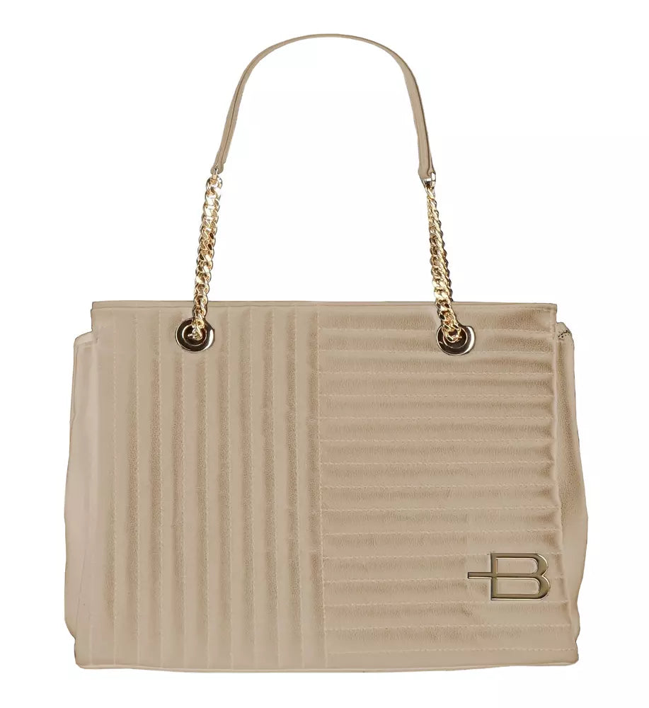 Baldinini Trend Chic Beige Calfskin Crossbody with Chain Detail