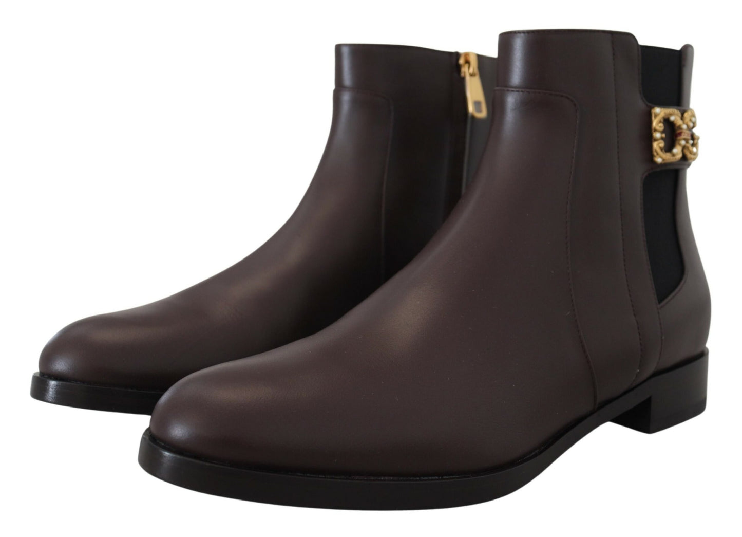 Dolce & Gabbana Elegant Brown Ankle Boots with Gold Pearl Detail