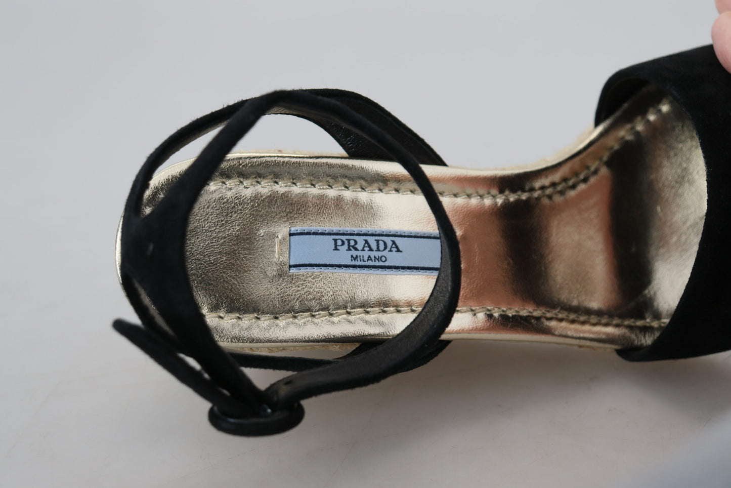 Prada Chic Ankle Strap Suede Wedge Sandals