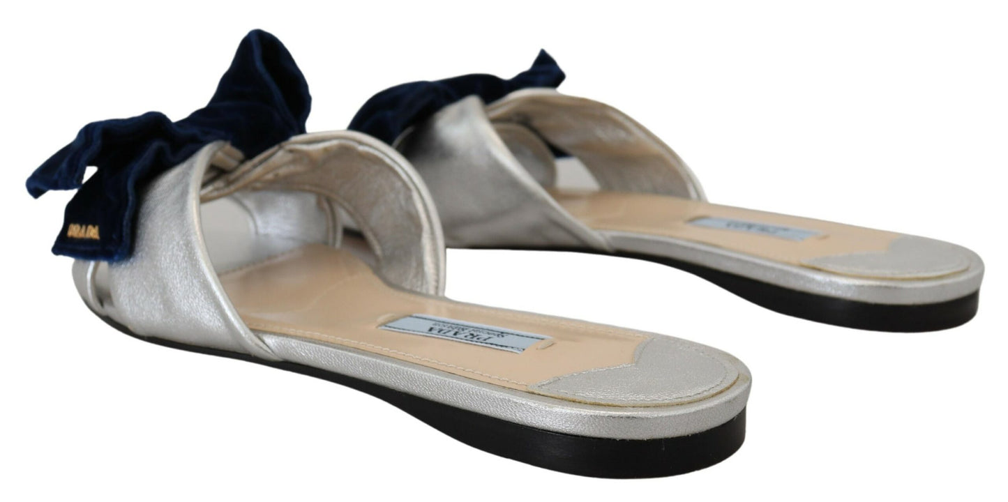 Elegant Silver Navy Prada Leather Flats