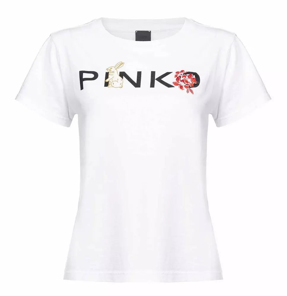 PINKO Chic White Cotton Tee with Signature Front Design