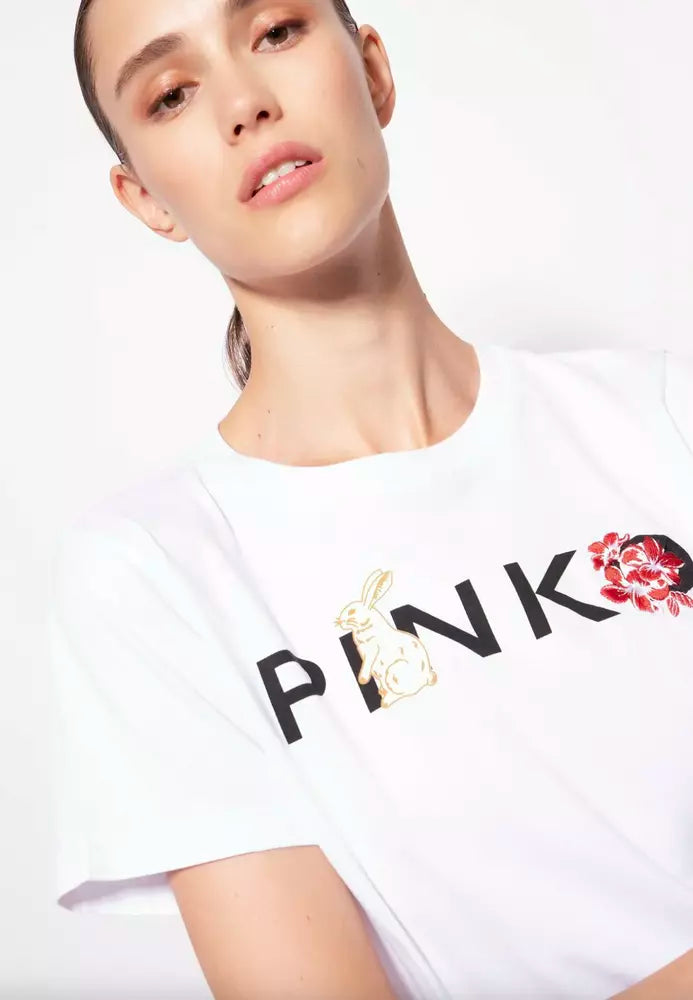 PINKO Chic White Cotton Tee with Signature Front Design