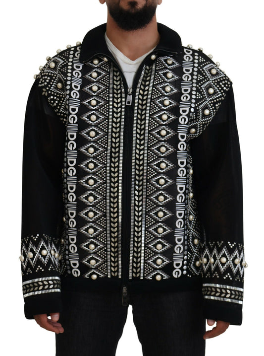 Dolce & Gabbana Elegant Patterned Bomber Jacket with Pearl Details