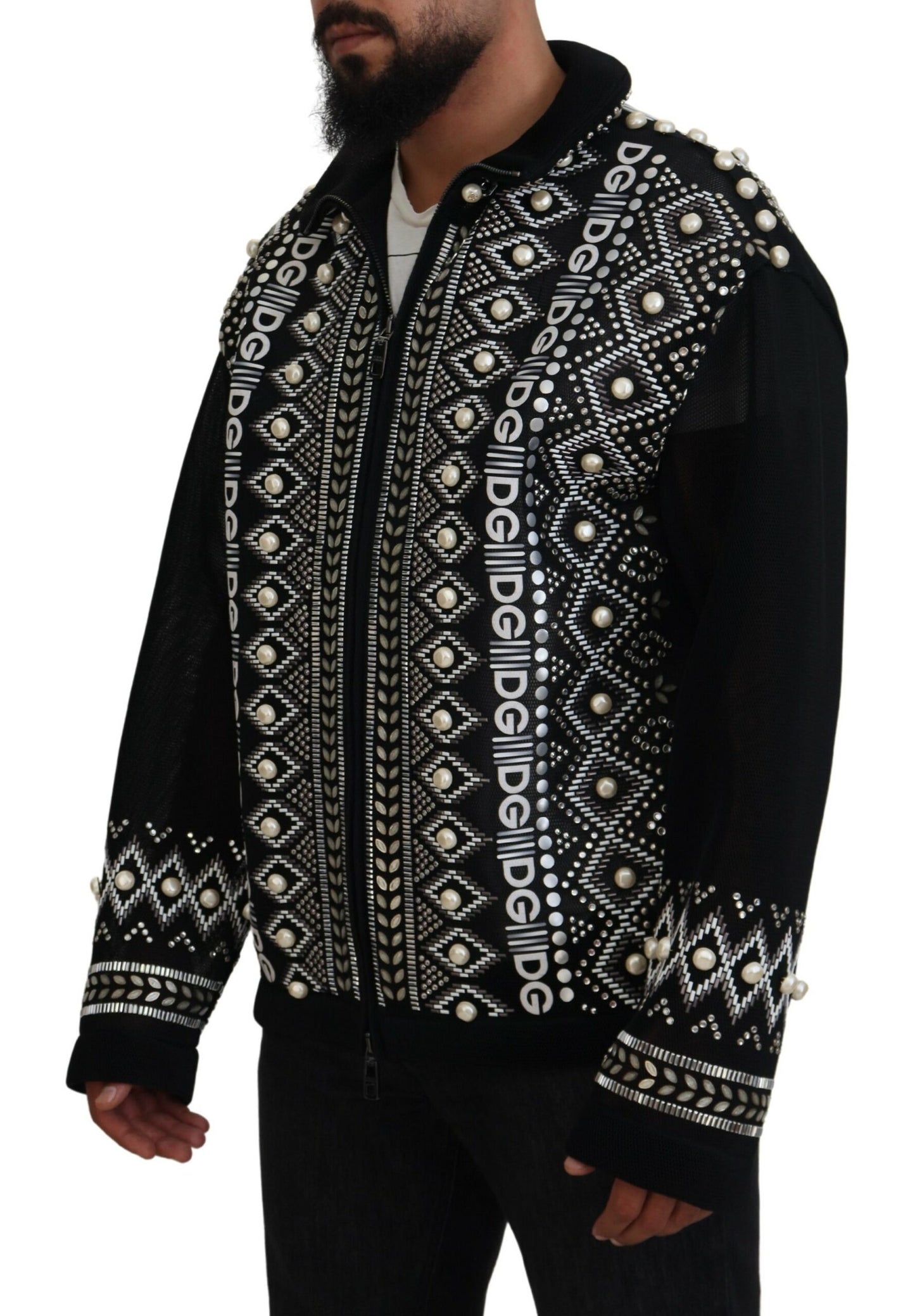 Dolce & Gabbana Elegant Patterned Bomber Jacket with Pearl Details