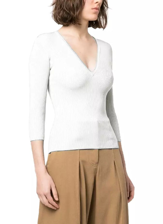 Elisabetta Franchi Chic V-Neck Ribbed Sweater with Quarter Sleeves