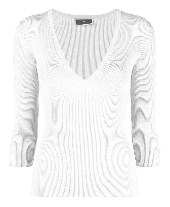 Elisabetta Franchi Chic V-Neck Ribbed Sweater with Quarter Sleeves