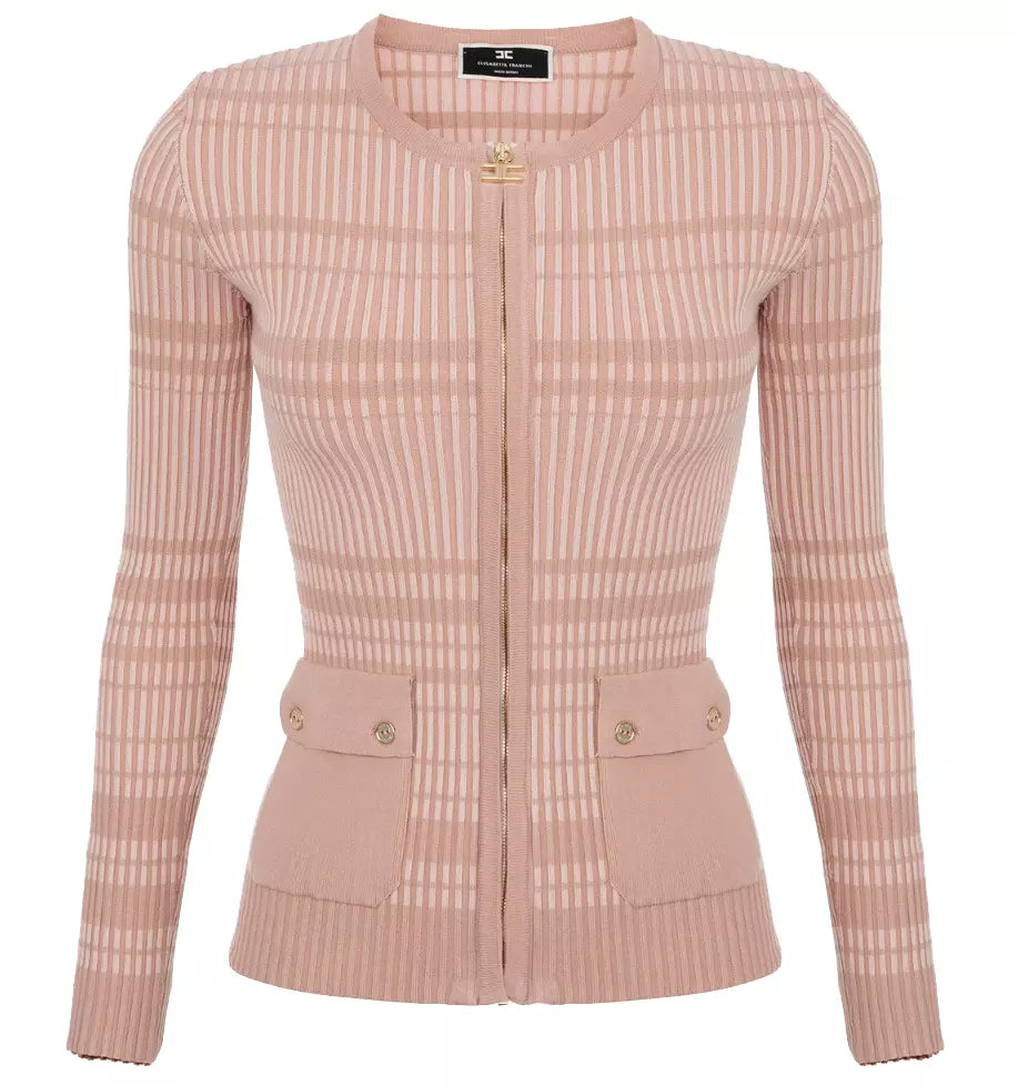 Elisabetta Franchi Chic Ribbed Crew-Neck Cardigan with Golden Accents