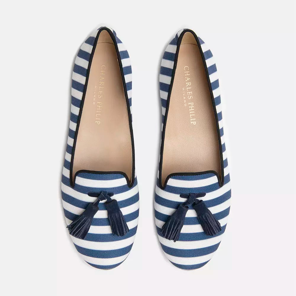 Charles Philip Elegant Striped Silk Moccasins with Suede Tassel