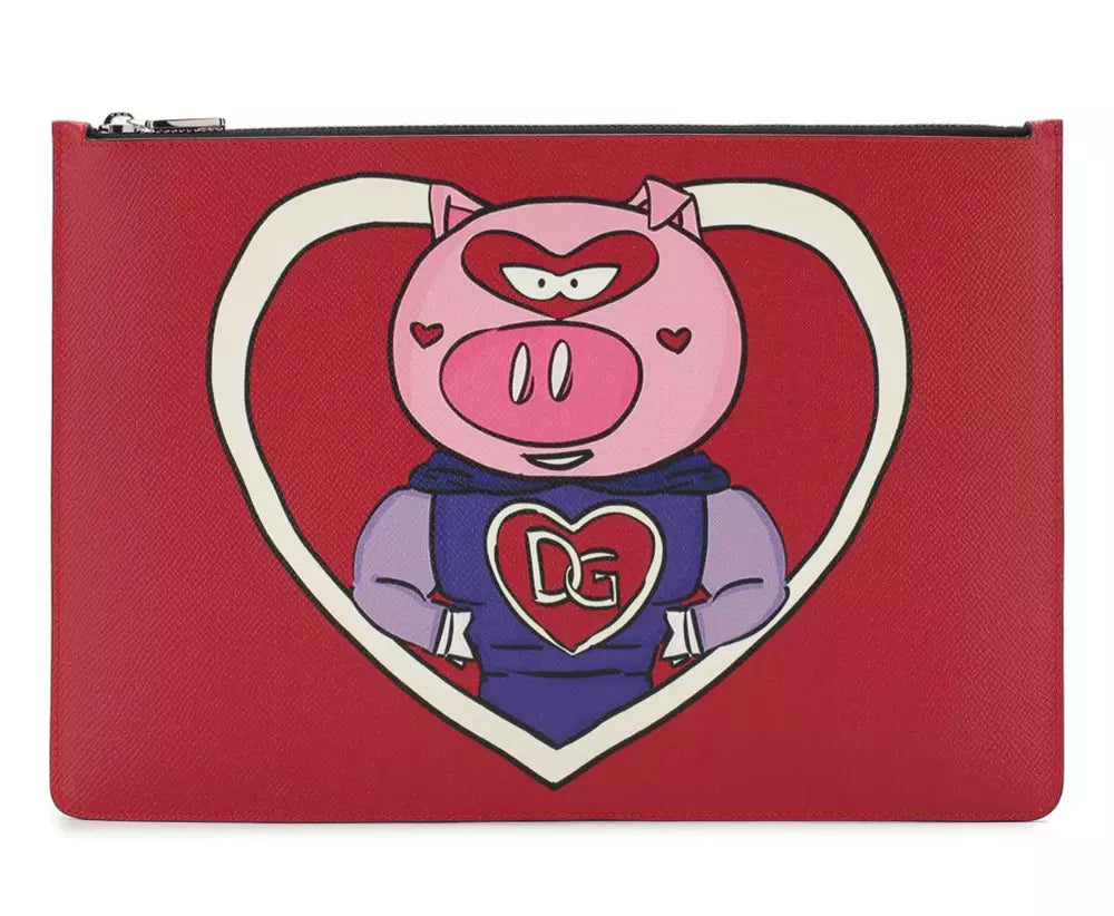 Dolce & Gabbana Red Calfskin Leather Clutch with Pig Design