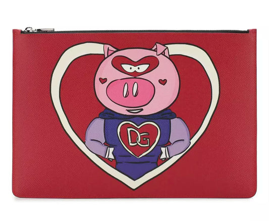 Dolce & Gabbana Red Calfskin Leather Clutch with Pig Design