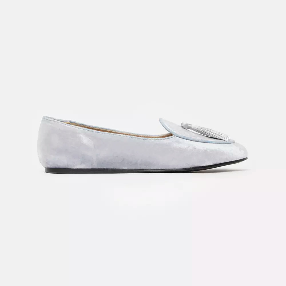 Charles Philip Elegant Silver Velvet Flats with Tassel Detail