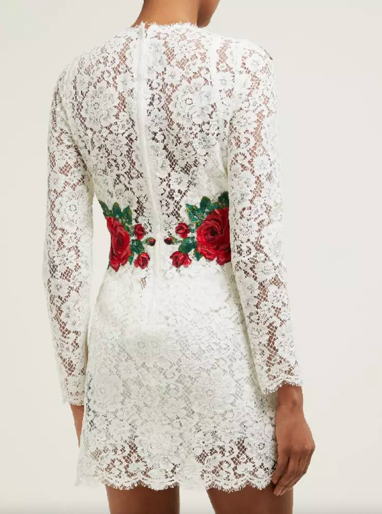 Dolce & Gabbana Elegant White Lace Dress with Floral Appliqués