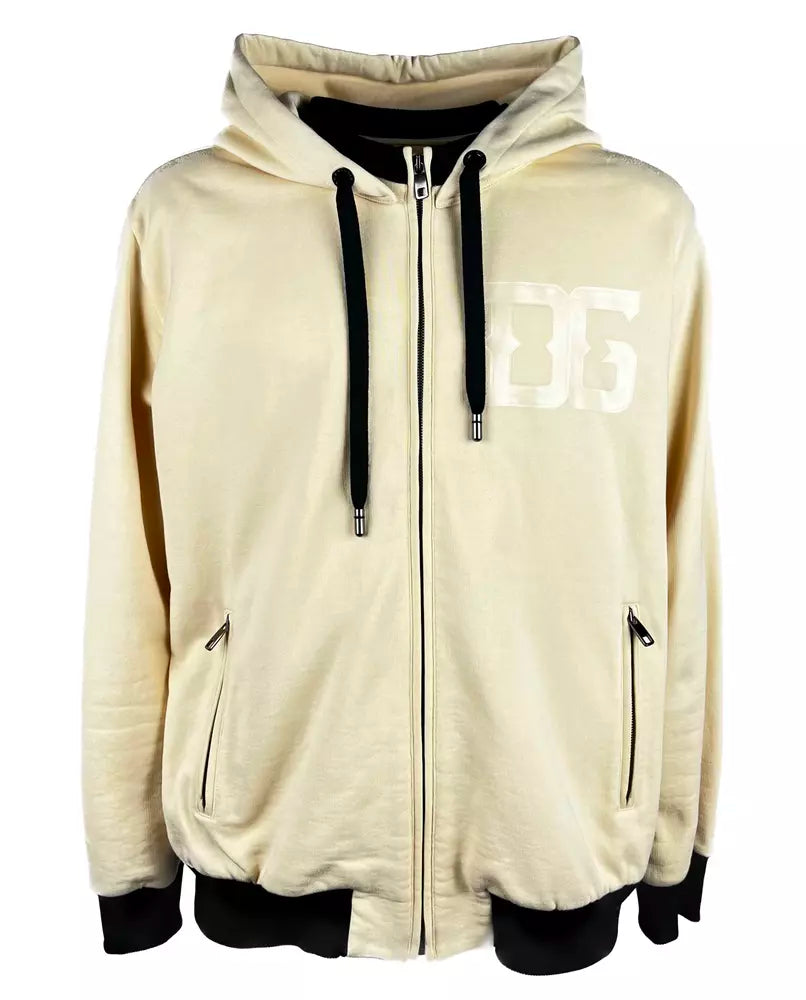 Dolce & Gabbana Beige Cotton Hooded Sweatshirt with Zipper Closure